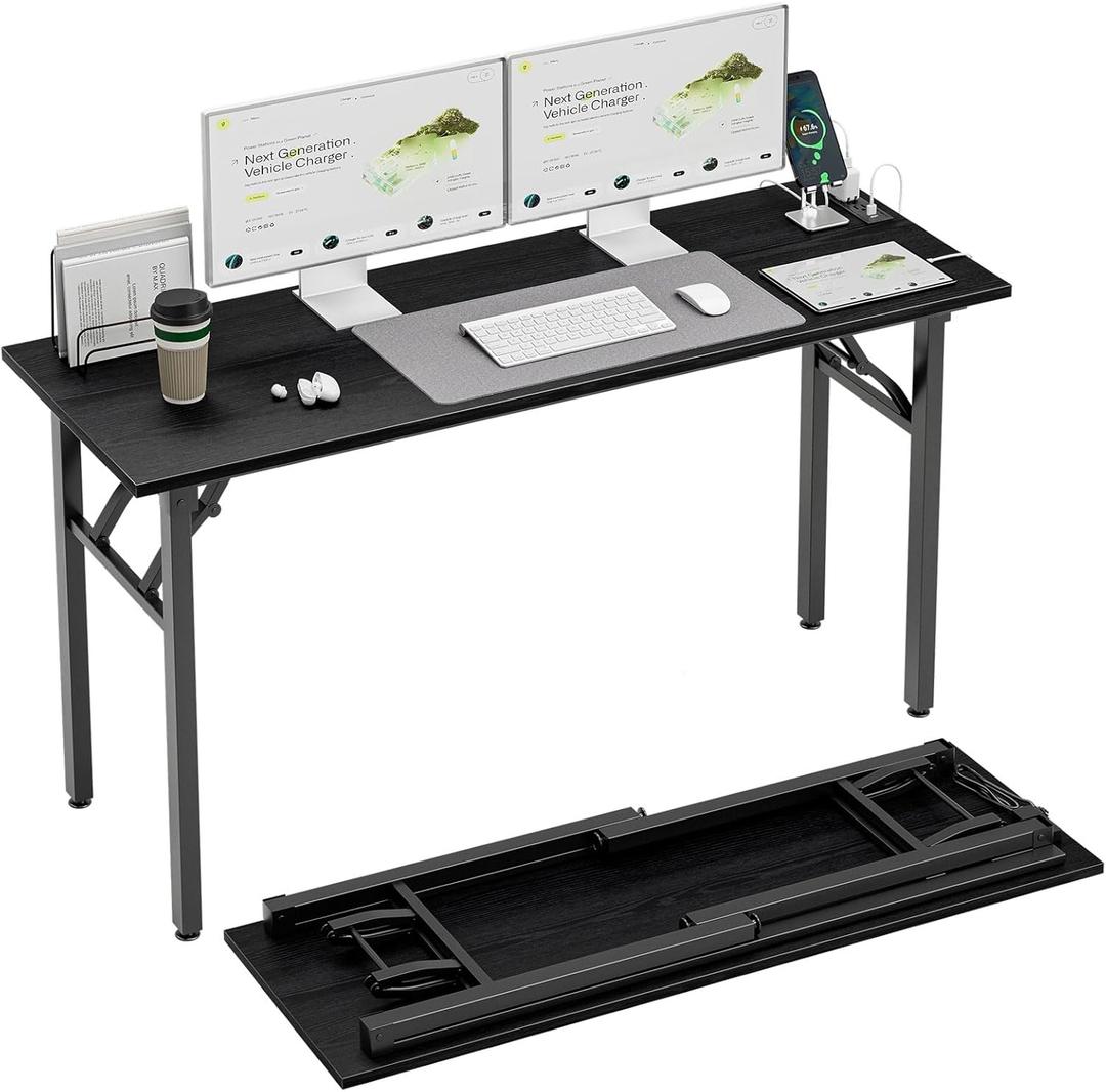 TEMI Long Computer Desk Folding Table - No Assembly, Compact 55.1" Foldable Desk with Power Outlets & USB Charging Port, Portable Lagre Office Desk, Study Table for Narrow Spaces, Dark Oak
