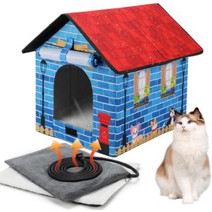 Heated Outdoor Cat House Double Door Heater Cats Shelter,Weatherproof Foldable Heat Kitty House with Insulated Kitten Heating Pad Bed for Feral Barn Cat Kitten Puppy Outside Pets in Winter (13.3"W*16.9"D*16.5"H, Colorful)