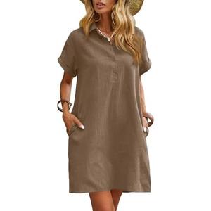 Zeagoo Womens Cotton Shirt Dress Summer Casual Short Sleeve Button Down Beach Cover Up Shirts with Pockets,S