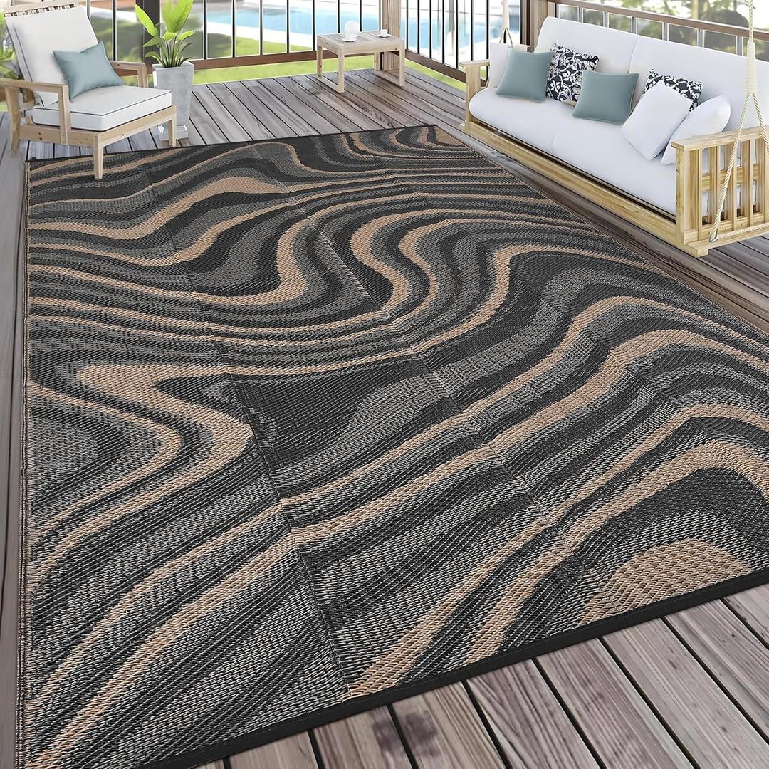Patio Modern Abstarct Outdoor Rug 10x14 Waterproof Large Reversible Camping Mat Foldable Lightweight Plastic Straw Outdoor Rug for Deck, Camper, Balcony, Beach, Rv，Black/Gray/Brown