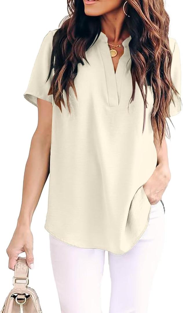 Allimy Women Summer Casual Split V Neckline Chiffon Blouses Loose Tunic Short Sleeve Tops (Beige, S)
