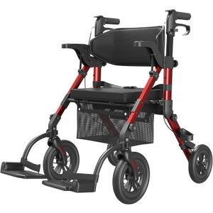 VOCIC Walkers for Seniors, Wheelchairs for Adults, Rollator Walker with Seat, 2 in 1 Rollator Transport Chair with Brakes, Rollator Lightweight Foldable, Walker Wheelchair Combo (Gloria Red)