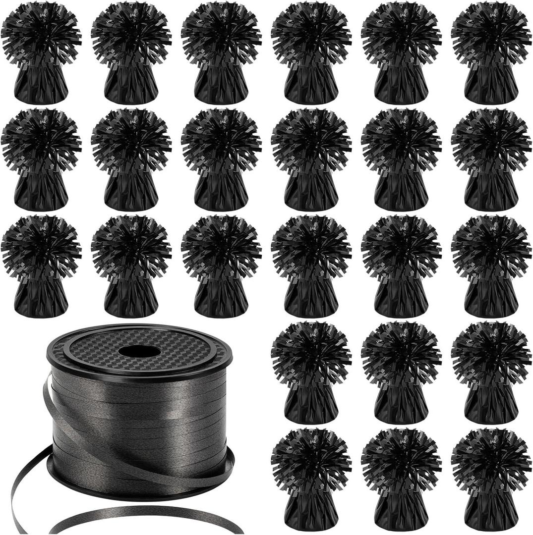 24 PCS Balloon Weights Metallic Anchor, Balloon Holder Heavy Weights with 1 Roll Black Crimped Ribbon for Balloons Table Party Favor Birthday Decor(Black)
