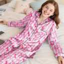 Sylfairy Girls Pajamas Silk PJS Set Satin Sleepwear Long Sleeve Jammies for Kids Button-Down Nightwear Loungewear 8Y (Pink)