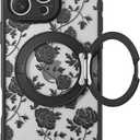 Magnetic Stand Case for iPhone 14 Pro Max [360 Rotatable Kickstand] [Compatible with MagSafe] Black Rose Design with Ring Holder Case for Women Girls, Translucent Matte Slim Phone Cover