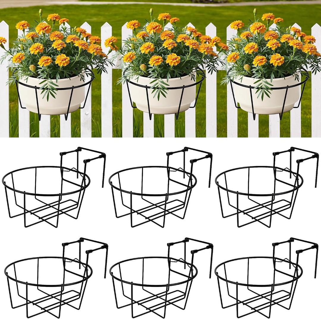 Adjustable Hanging Railing Planter, 6 Pack Fit 1.5 to 4.5 Inches Railing, Weather-Resistant Metal Balcony Rail Planters, Work for Outdoor Fence Deck Garden Patio Halloween Christmas Decor