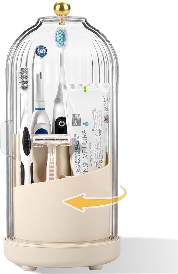 Rotating Toothbrush Holders with Cover, Dustproof Toothbrush Holder with Sliding Lid Electric Tooth Brush and Toothpaste Organizer for Bathroom, Makeup Brush Holder for Vanity, Beige