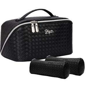 BOYATU Travel Makeup Bags for Women: Large Cosmetic Bag - PU Leather Make up Bag Set of 3 - Compact Toiletry Organizer with Compartments (L03 Black)