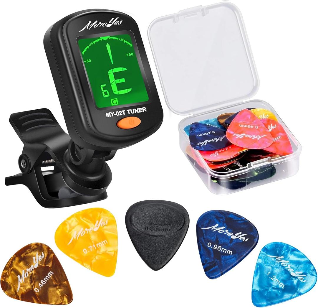 MOREYES 28 Pcs Picks Guitar Tuner Clip on Chromatic Digital Tuner for Acoustic Guitars, Violin, Ukulele, Bass