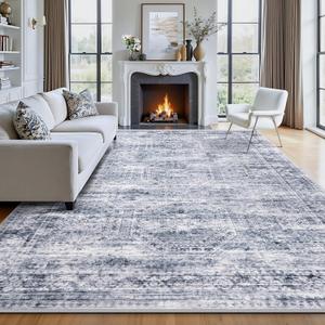 8' x 10' Area Rug, Washable Non-Slip Vintage Low-Pile Faux Wool Carpet, Soft Pet Friendly Farmhouse Rug for Living Room Bedroom Dining Room, Grey Blue