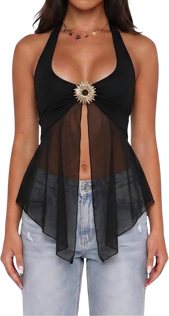 Women Halter Top Y2k Flowy Sheer Mesh Split Hem Backless Going Out Tops Festival Clubwear (Black, S)