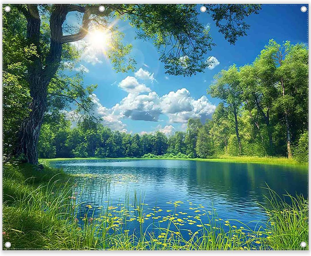 Fabric 10x8ft Lake Natural Scenery Backdrop River Forest Tree Blue Sky Bokeh Background Picnic Camping Hiking Spring Outdoor Party Decorations Photoshoot Banner Props