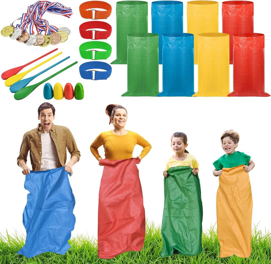 25 PCS Potato Sack Race Bags, Outdoor Games Sack Race Bags Set Includes 3-Legged Race Bands, Egg Spoon Relay Race, Plastic Medals, Carnival Outdoor Lawn Party Field Day Games for Adults & Family