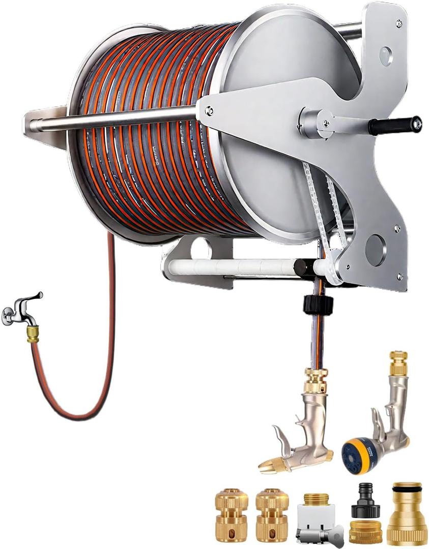Heavy Duty Garden Hose Reels For Outside, 1/2 in X 100 ft Hose Reel Wall Mount, with 7-Pattern Nozzle & 3 -High-Pressure Pattern Nozzle, for Watering Plants And Lawn, Car Washing, Patio And Pet