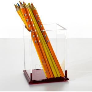 Red Acrylic Pencil Pen Holder Cup, Desk Accessories Holder,Makeup Brush Storage Organizer, Modern Design Desktop Stationery Organizer for Office School Home Supplies, 3.1x 3.1x 4.3 inch