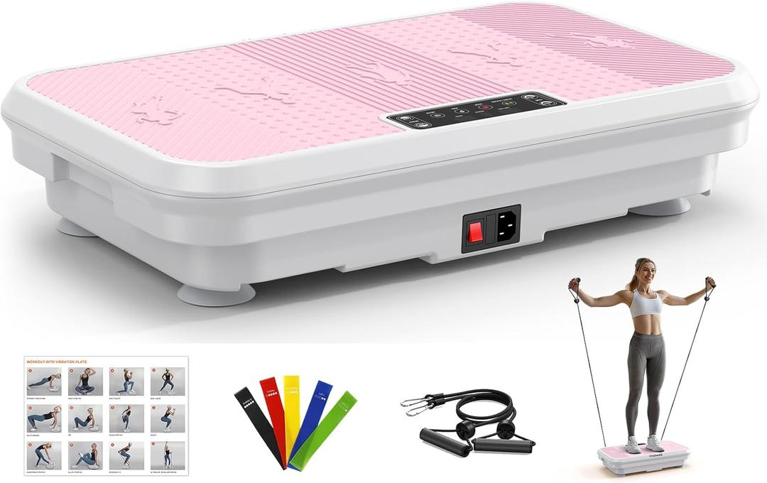 3D Vibration Plate Exercise Machine for Lymphatic Drainage, Whole Body Vibration Plate for Weight Loss, 330lbs Capacity Vibrating Platform Board Home Gym Quiet, 5 Yoga Belts & 2 Resistance Bands Pink