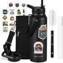 40 oz Insulated Water Bottle with Straw (Cold for 48 Hrs), Stainless Steel Triple Wall Vacuum Sports Water Jug, Leakproof Hydro Cup Flask with Paracord Handle & Straw Spout Lids & DIY Stickers (Black)