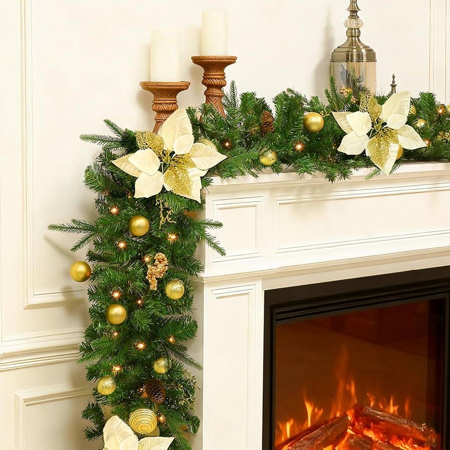Joyhalo 9ft Christmas Garland Decorations with Lights Battery Operated - Outdoor Prelit Christmas Garland for Mantle, Lighted Xmas Garland Indoor for Stairs Railing Fireplace, Gold