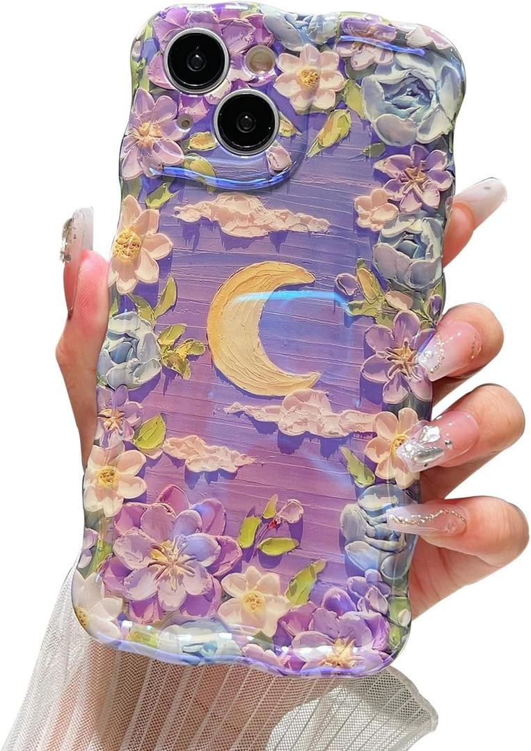 Compatible with iPhone 13 Pro Case for Women, Cute Curly Wave Frame Shape, Colorful Retro Oil Painting Flower Laser Beam Glossy Pattern, Compatible with iPhone 13 Pro, Moon