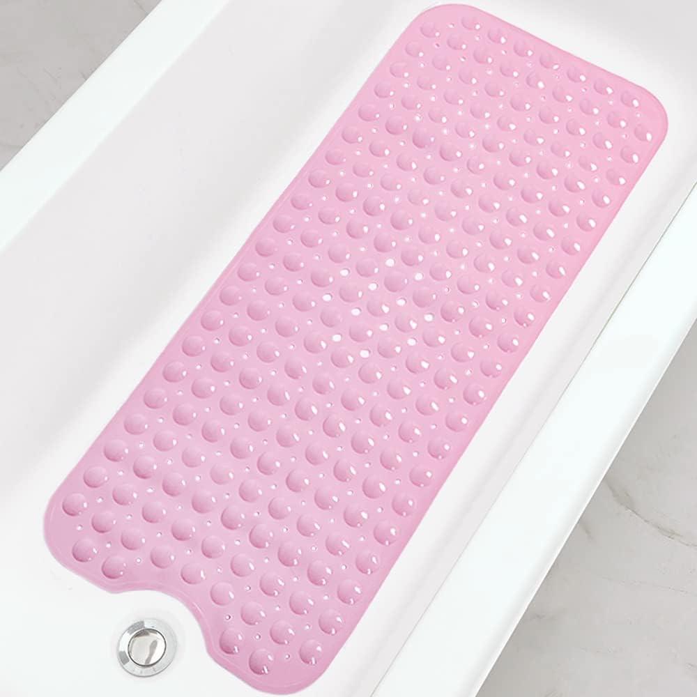 Linoows Bathtub and Shower Mats, Extra Long Non-Slip Bath Tub Mat 39 x 16 Inch, Machine Washable Bathmat with Suction Cups & Drain Holes for Bathroom Floor, Pink