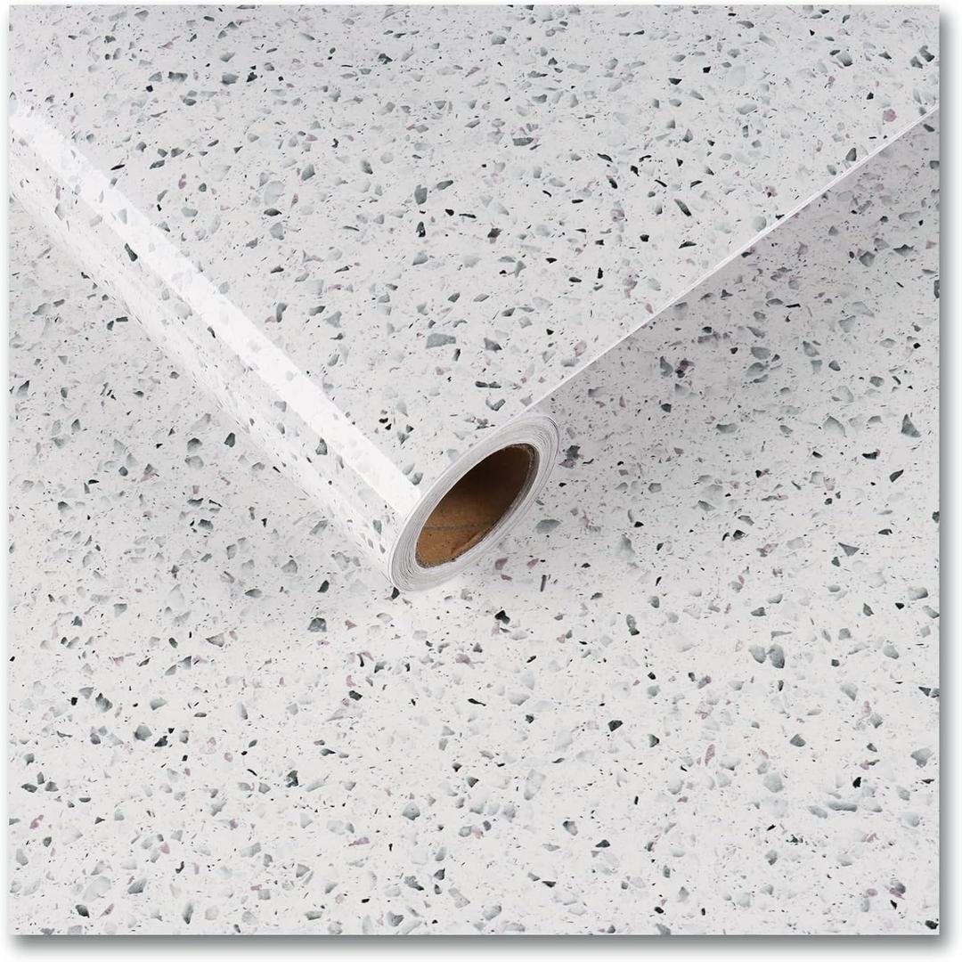 CRE8TIVE Granite Contact Paper 24"x118" White Granite Wallpaper Peel and Stick Countertops Self Adhesive Waterproof Marble Glossy Vinyl Paper Roll for Kitchen Bathroom Cabinets Counters Desk Decor