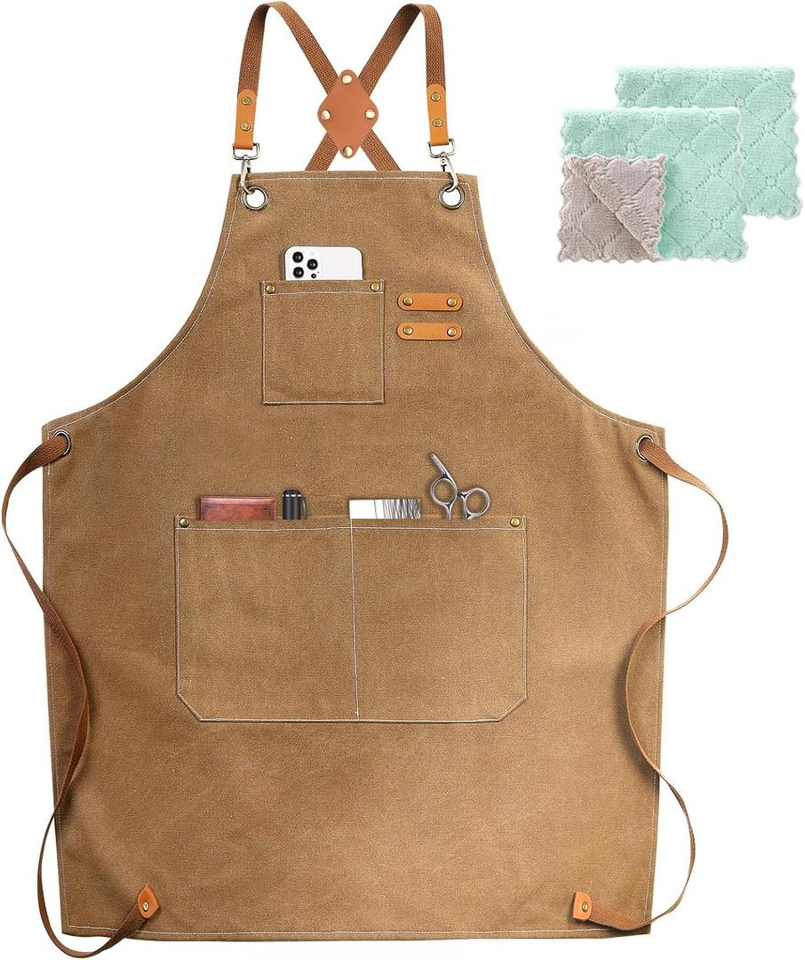 Chef Apron, Cotton Canvas Cross Back Apron with Pockets for Women and Men,Adjustable Strap and Large Pockets Apron,Kitchen Cooking Baking Bib Apron (Cappuccino Brown)