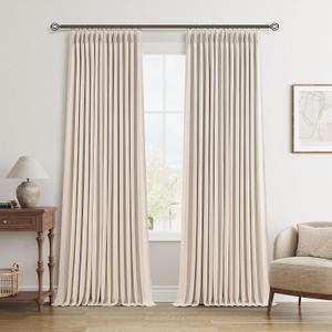 Beige Linen 100% Blackout Pinch Pleated Curtains 108 Inches Long 2 Panels for Bedroom Boho Farmhouse Pinch Pleat Double Layer Black Out Living Room Noise Reduce Window Drapes High Ceiling Length 9Ft