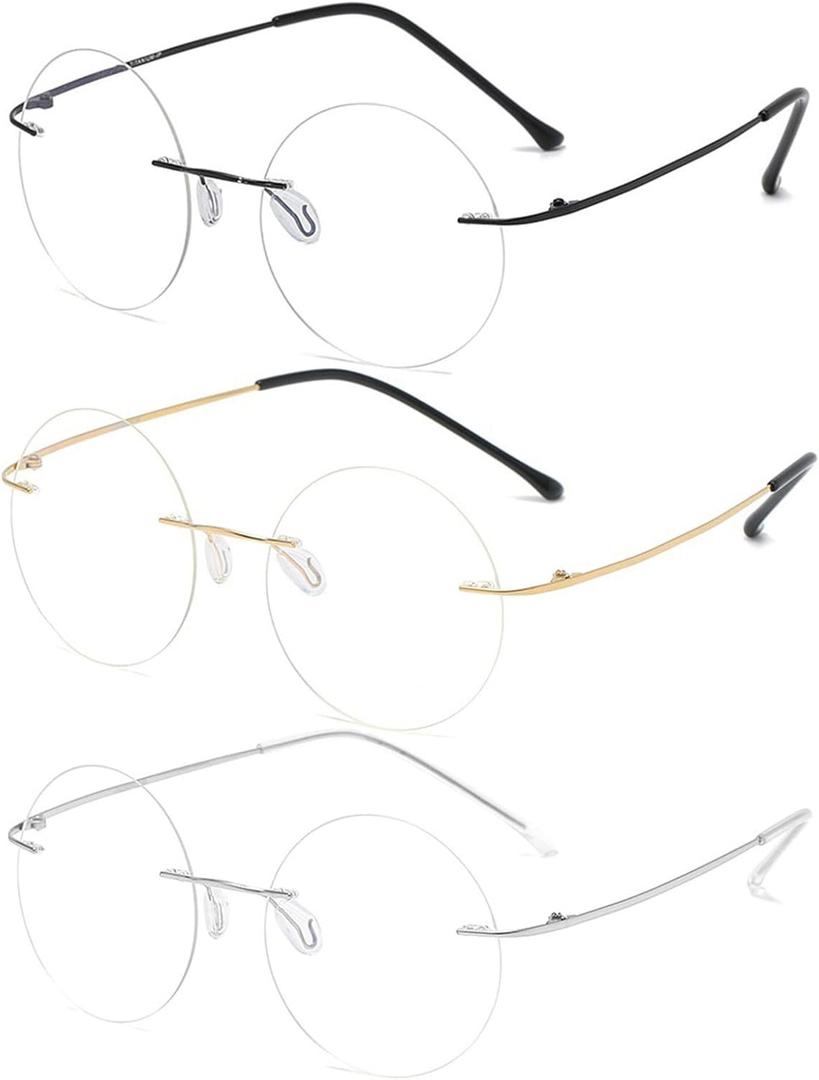 KOOSUFA Titanium Rimless Round Reading Glasses 2.0 Blue Light Blocking Eyeglasses Readers Frameless Lightweight Eyewear for Men Women, Black+golden+silver