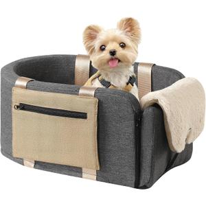 Console Dog Car Seat Cat Carrier - Pet Car Booster Seat on Cars' Armrest Travel Bags for Cats Dogs with Easy Carrying Strap Dog Travel Carrier with Safety Tethers