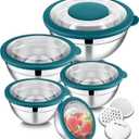 E-far Mixing Bowls Set of 5, Stainless Steel Salad Mixing Bowl with Transparent Lid, Metal Nesting Bowl Attach with 3 Graters for Kitchen Prepping/Serving/Baking/Storage, 4.6/2.6/1.5/1/0.7 QT - Blue