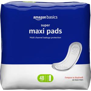 Amazon Basics Maxi Pads For Women- Thick, Super Absorbency, Unscented, 48 Count, 1 Pack