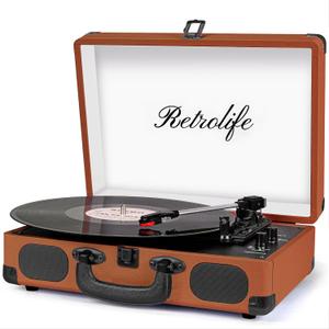 Vinyl Record Player 3-Speed Bluetooth Suitcase Portable Belt-Driven Record Player with Built-in Speakers RCA Line Out AUX in Headphone Jack Vintage Turntable Brown