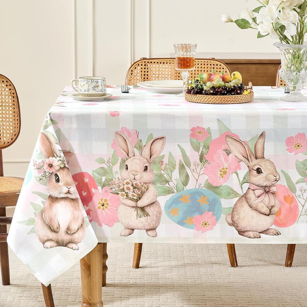 Romanstile Spring Easter Rectangle Tablecloth 60 x 84 Inch, Bunny & Eggs Buffalo Check Plaid Table Cloth Waterproof Fabric Table Cover for Dinner Picnic Indoor Outdoor, Gradient