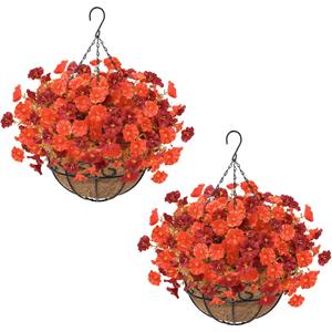 2 Set Artificial Hanging Flowers Plants Basket for Outdoors Fall Decorations, 24 Pcs UV Resistant Faux Morning Glory Fake Petunias with 2 Hanging Planter for Home Porch Balcony Garden Decor (Orange)