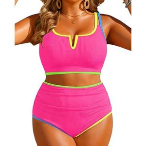 Yonique Women Plus Size High Waisted Bikini - Ribbed 1 Piece Swimsuit Tummy Control Bathing Suit V-Wired 2026 Swimwear, 16W