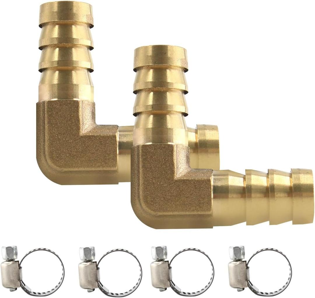2Pcs 1/2Inch 90 Degree Brass Hose Barb, L Right Angle Brass Barb Elbow Connector Fitting with 4Pcs Hose Clamps for Fuel, Air, Water, Oil, Gas(12mm)