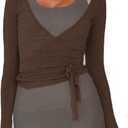 Women Ballet Wrap Top Long Sleeve Self Tie Dance Shirt Pilates Yoga Tops Y2k Workout Active Blouses (Small, Brown)