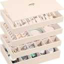 Voova Stackable Jewelry Organizer Tray with Lid, PU Leather Jewelry Storage Holder for Drawer Inserts, Jewellery Display Box Case for Earring Necklace Ring Watch Bracelet (Set of 4, Apricot)