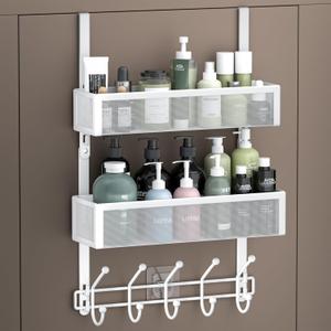 Adjustable Over The Door Hooks Organizer, Door Hanger Coat Rack with 2 Mesh Baskets and 10 Hooks, Back of Door Storage Organizer for Bedroom,Bathroom,Kitchen (White)
