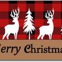 Classic Retro Christmas Reindeer Doormat - Red Black White Christmas Tree Snowflakes Plaid Buffalo Checkered Plaid Doormats Front Door/Bathroom Entrance Mats 23.6" x 15.7"