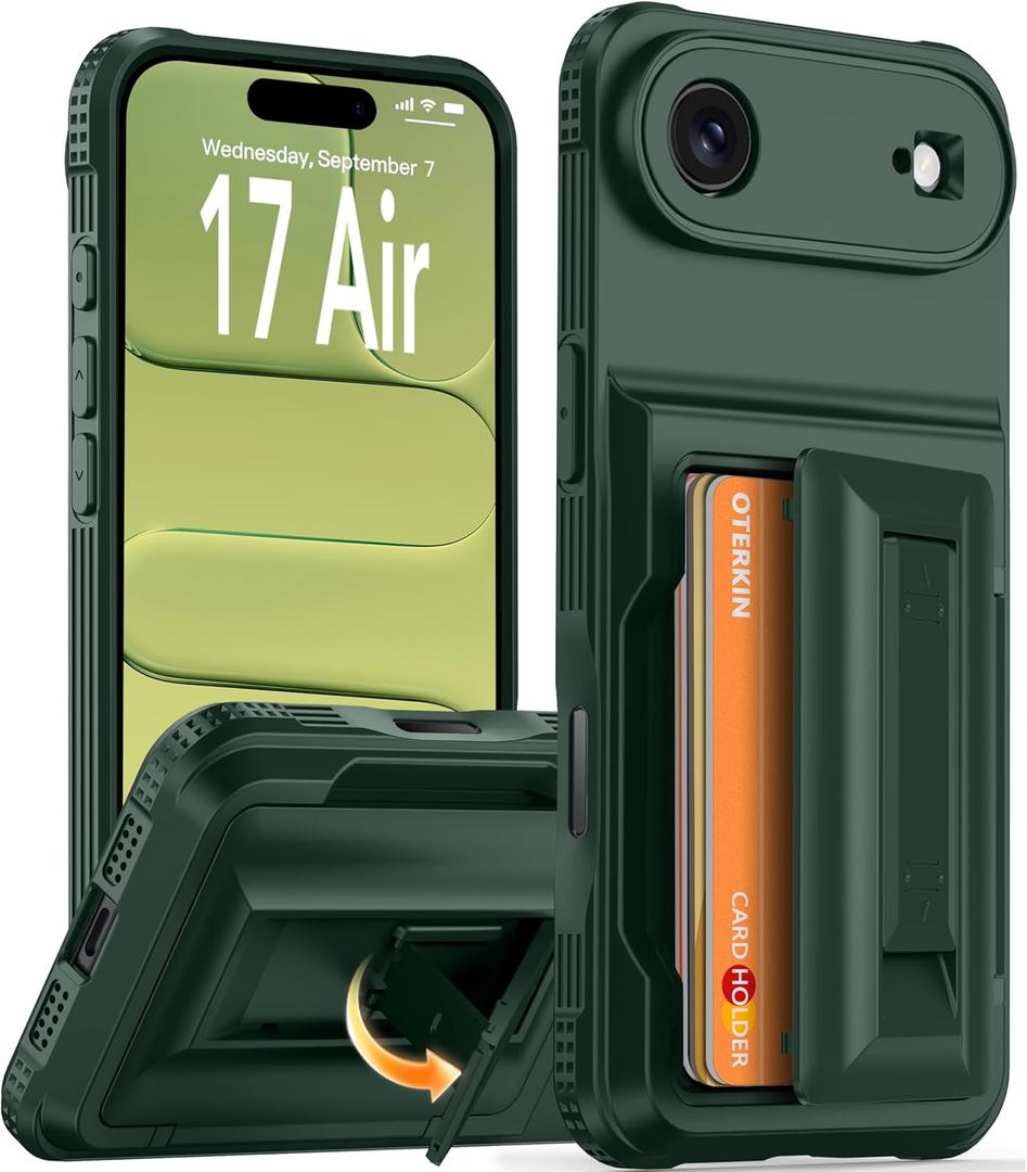 Oterkin for iPhone Air Wallet Case [4-5 Card Holder] [RFID Blocking][Full Camera Protection] [Kickstand] [Military Grade Protection] Shockproof Rugged Phone Case for iPhone 17 Air 6.5 inch, Dark Green