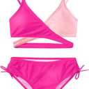 MIENOE Teen Girls Two-Piece Bikini Swimsuits | Removable Chest Pad Nylon Swimwear Kids Size 6-17 Years (Rose/Pink - Cross Style)