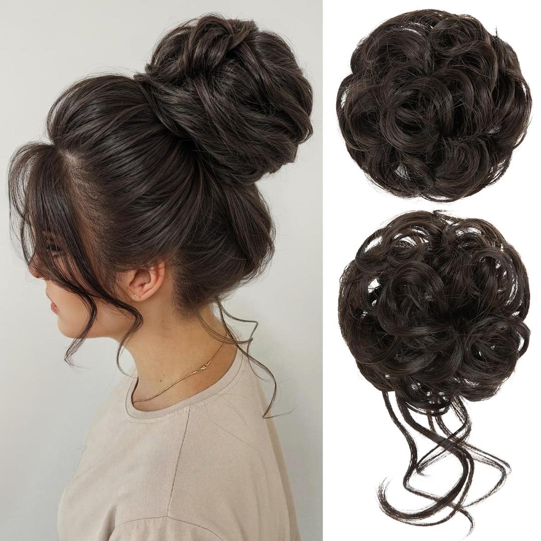 CJL HAIR 2PCS Messy Bun Hair Pieces Wavy Curly Synthetic Updo Chignon Fake Scrunchies Ponytail Extension for Women Dark Brown