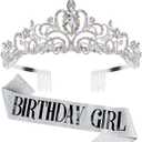 COCIDE Birthday Sash & Tiara Set - Silver Rhinestone Tiara & Sash for Women's Birth Party Decoration Kit