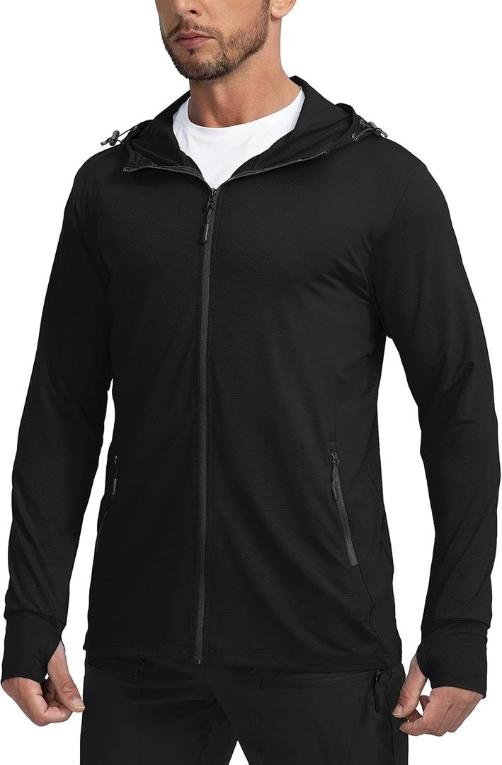 Men's UPF 50+ Light Jacket Full Zip Sun Protection Hoodie Long Sleeve Sun Shirts for Men Hiking Fishing Zip Pockets (X-Large, Black)