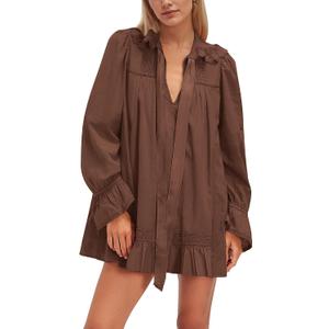 Burtell Long Sleeve Babydoll Dresses Women Fall V Neck Lace Trim Mini Dress Flowy Puff Sleeve Tie Front A-Line Tunic Dress (Brown, M)