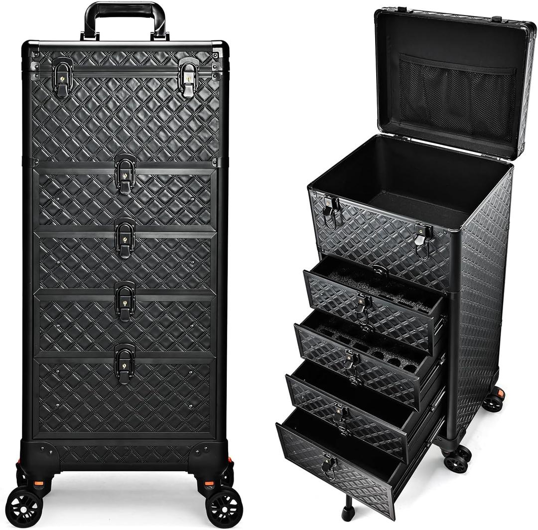 Nail Salon Cart with 4 Drawers,Rolling Makeup Train Case for Beauty,Cosmetology Case on Wheels,Trolley Cart,Lockable Organizer Travel Case for Manicure/Face Painting/Hairstylist/Tattoo Artist