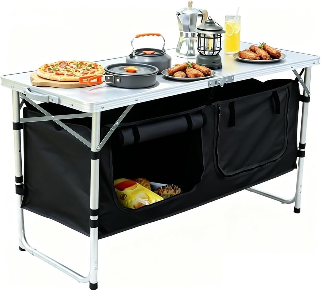 JOUYEK Camping Table, Folding Camping Table with Storage, Portable Kitchen Table, Lightweight, 3 Heights Adjustable Camping Furniture for BBQ, Picnic, Camping, Hiking, Beach, Outdoor Black
