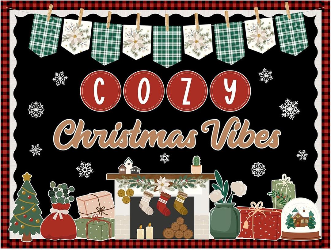 Christmas Fireplace Bulletin Board Set Cozy Christmas Vibes Classroom Decorations Colorful Banner Snowflakes Xmas Tree Gifts Snow Globe Cutouts with Buffalo Plaid Borders for Holiday Display