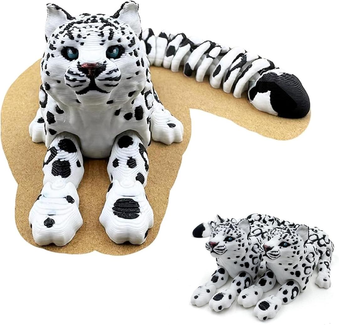 3D Printed Creature Flexible Animals - 8 Inches Fidget Animal for Desk Dcor (Snow Leopard)